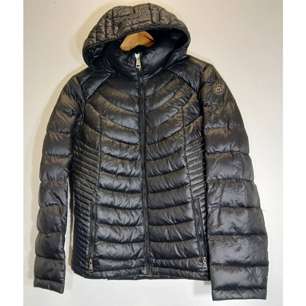 Calvin klien womens large premium duck down puffer jacket packable black hoodie